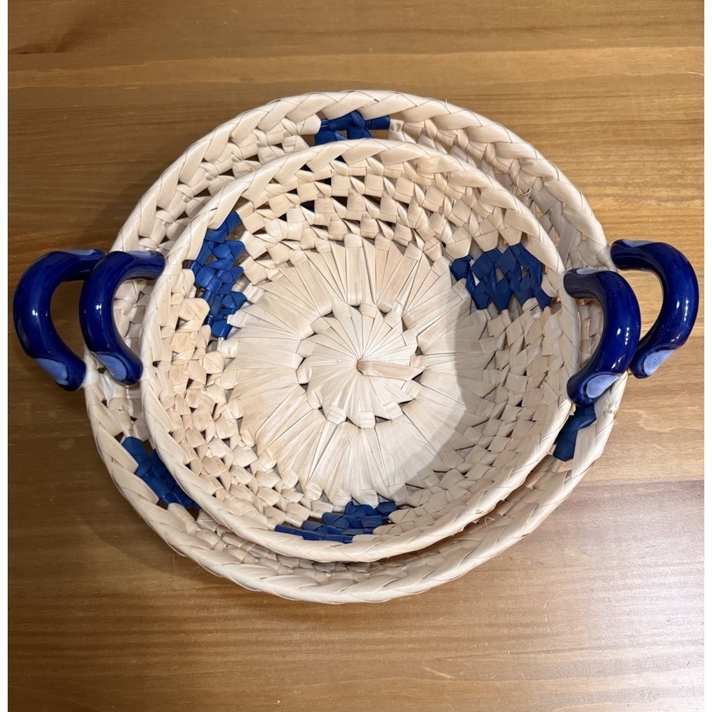 Vintage Wicker Bread Baskets Set of 2 Blue Ceramic Handles